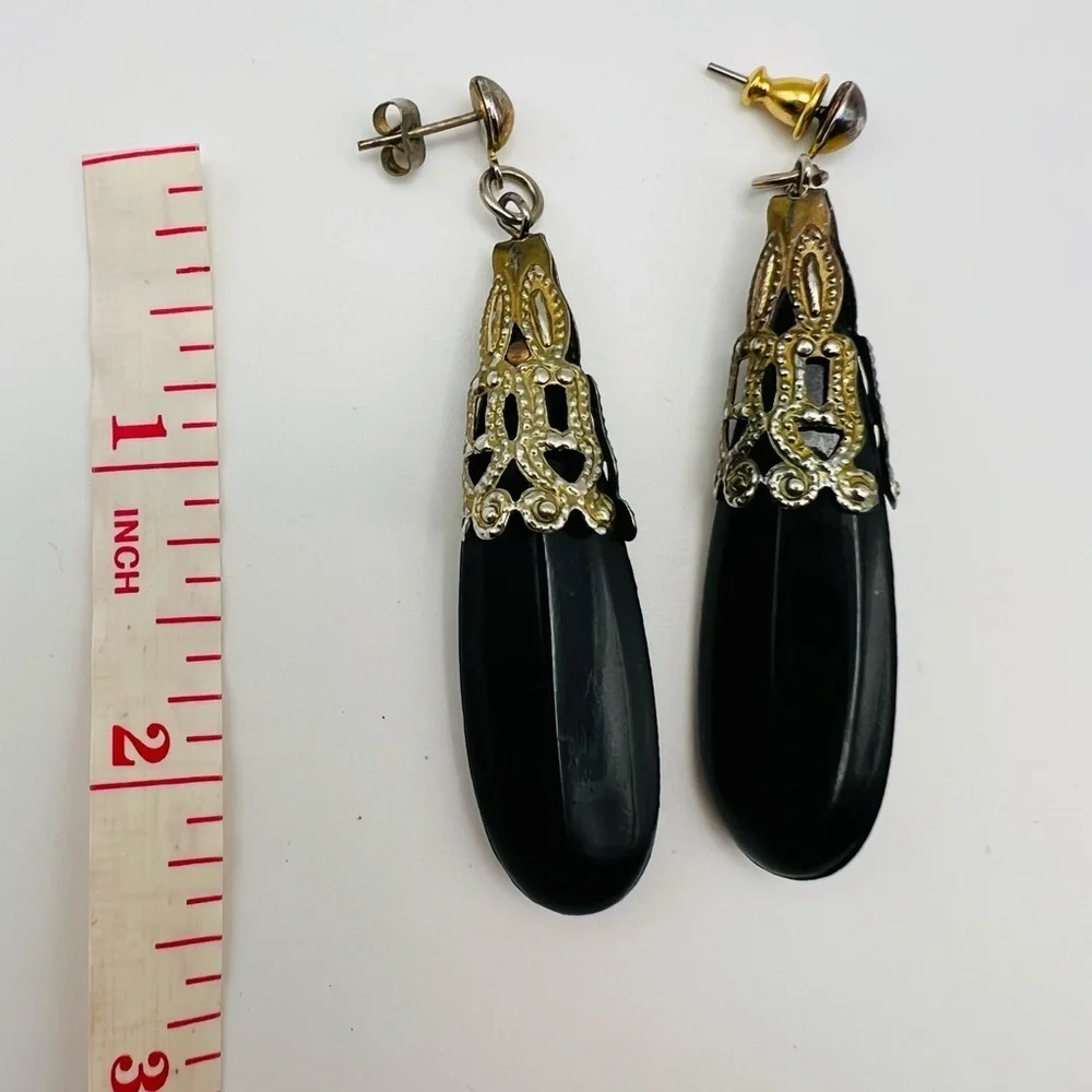 Vintage Black Dangle Earrings Gold Filigree Caps Art Deco Style